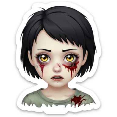 Zombie girl with messy black short hair with lashes and torn cheek sticker