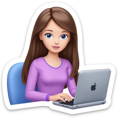 beautiful barbie girl with long brown hair, blue eyes and wearing light purple clothes playing computer games sticker