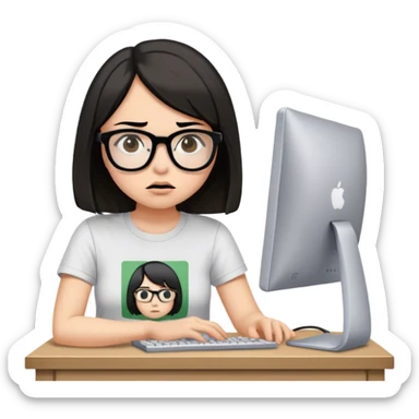girl with black brown bob hair wearing glasses is having a brain fog while working on her old computer wearing a nirvana tshirt sticker