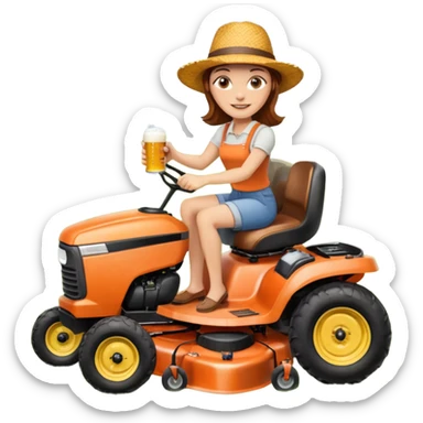 White woman with brown hair, without glasses wearing a straw hat, on old orange ride on lawn mower, holding a beer with one hand and holding the steering wheel with the other hand. Woman is smiling. Lawn mower has “Westwood” written on the engine cover sticker