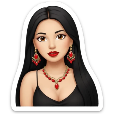 Mexican Light skin brown eyes glamorous full figured women black long straight hair red lips necklace and earrings long lashes sticker