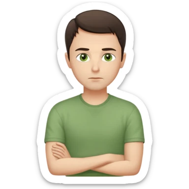 Gentle man, European facial features, short dark brown hair, green eyes, light green shirt. Seated calmly, gazing thoughtfully. Soft light, subtle fern. Waist-up, profile. sticker