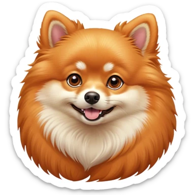 Cinematic Cute Orange Pomeranian Portrait Emoji, Head tilted playfully and inquisitively, featuring a luscious, fluffy orange Fur with a natural sheen, round, sparkling brown eyes filled with curiosity, Simplified yet irresistibly adorable features, highly detailed, glowing with a warm, friendly glow, high shine, affectionate and lively, stylized with a touch of whimsy, bright and endearing, soft glowing outline, capturing the essence of a mischievous yet loving pup, so playful it feels like it could scamper out of the screen and into your arms! sticker
