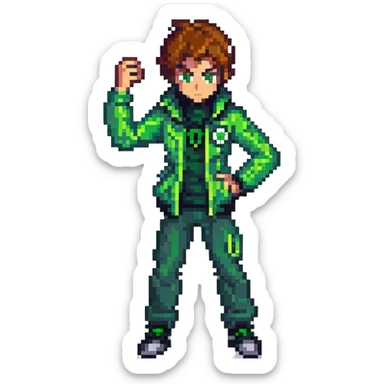 Ben 10 as pixel art character, green jacket, Omnitrix visible, action stance sticker