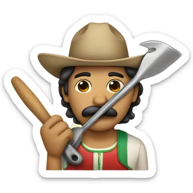 Mexican with a mustache holding a tool sticker