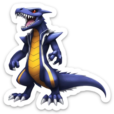 Black, Modern, Cool, Edgy, Badass Punk-style Garchomp-Sergal Fakémon-Digimon with sharp edgy striking detailed stripe-markings,  full body sticker