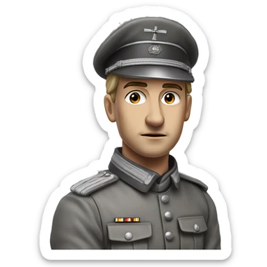 photorealistic 30 years old german soldier the middle of the XX century gray uniform detailed face with wrinkles, closed mouth, small eyes  sticker