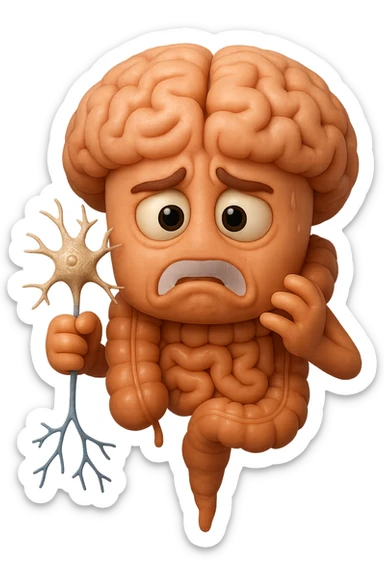 EMOJI STILE IPHONE DI UN INTESTINO collegato verticalmente ad un cervello mentre tiene in mano un neurone, espressione stressata, IPERREALISTICO 4K sticker