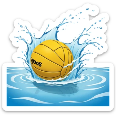 An icon featuring a yellow water polo ball floating on the water with goals in the background, inside a swimming pool. The design includes splashes and ripples, symbolizing the fast-paced action and strategy of water polo. Transparent background highlights. sticker