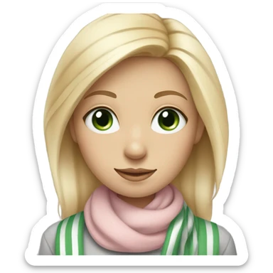 Blonde girl with blue eyes and eyelashes no lipstick in a light pink shirt with gray and green thick stripe scarf blue eyes sticker