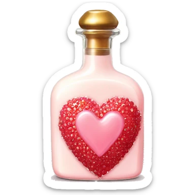 Antique heart-shaped parfumerie bottle with butter, made of red crystals, white cream and pink strawberry milk pour from the bottle sticker
