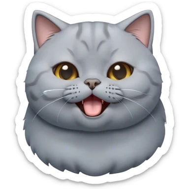Cinematic Cute Grey British Shorthair Cat Portrait Emoji, Head tilted playfully and yawning, round and plump body with sleek soft grey fur and subtle blue undertones, Simplified yet adorable features, highly detailed, glowing with a warm, friendly glow, high shine, curious yet calm, stylized with a touch of whimsy, bright and endearing, soft glowing outline, capturing the essence of a mischievous yet loving and lazy kitty, so cute it feels like it could stretch out of the screen and cuddle! sticker