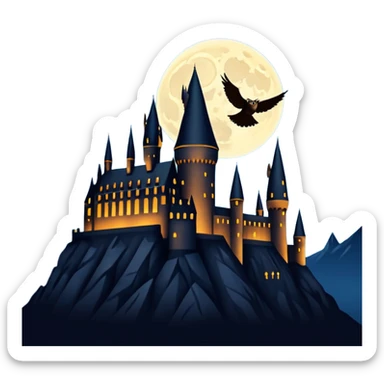 hogwarts castle on a starry night and owl flying in the air silhouette  sticker