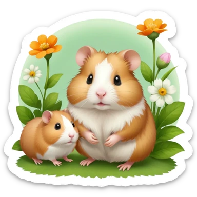 Icon for Hamster and Guinea Pig: A portrait-style collage with a fluffy hamster with soft fur, looking curious, and a friendly guinea pig with long, smooth fur, both on a soft green background with flowers and soft light. Transparent background. sticker