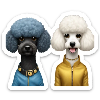 Fluffy blue and gold leather jackets on Black poodle and white poodle best friends sticker