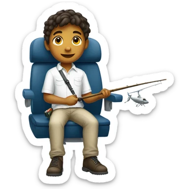 boy in white shirt on a plane with a fishing rod sticker