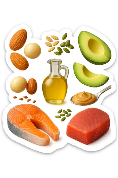 EMOJI STILE IPHONE DI
Frutta secca (mandorle, noci macadamia)
Burro di frutta secca (es. burro di arachidi)
Avocado (in piccole porzioni)
Semi
Olio extravergine d’oliva
Pesce grasso (salmone, tonno)
, fluttuano in aria REALISTICA 4K sticker