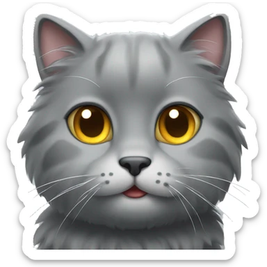 Generate the emotion of a happy gray fluffy cat sticker