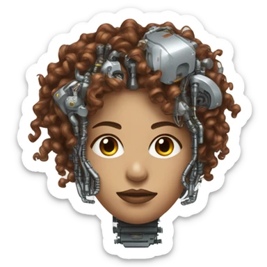 metal female cyborg head with brown curly hair and circuitry sticker