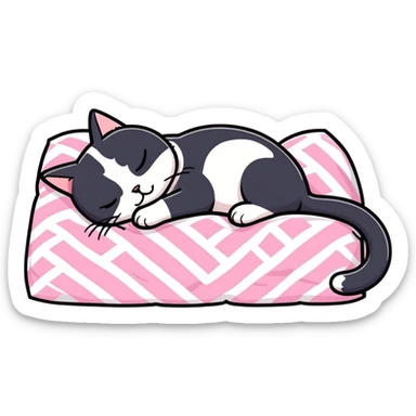 Tuxedo cat sleeping on a pink quilt sticker