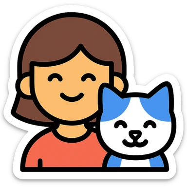 brown-haired Asian girl and her blue and white Manchikon cat, both smiling sticker