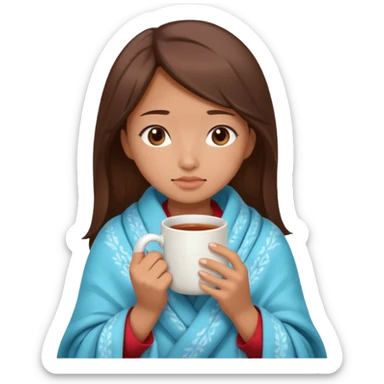 cute and sexy asian slightly tanned girl, brown hair, feeling sick, nose is red due to sickness, covered by blanket, holding tea mug in hands sticker