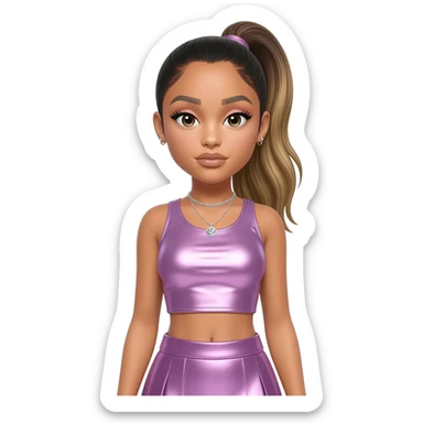 Ariana Grande with dark blonde ponytail hair, lavender pink metallic crop top, lavender pink metallic skirt, silver necklace sticker