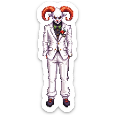 full-body demonic clown in a white leisure suit with bellbottom pants, bald, black ram horns, wearing elevator shoes sticker