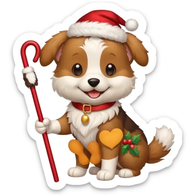 cute dog with a christmas cane in paw sticker
