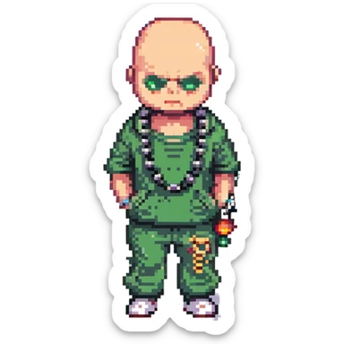Pixel art thug in tracksuit, holding chain, bald head, angry expression, side view, retro arcade sprite
+ add the indicator to it "2020000" sticker