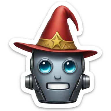 a robot with a wizard's hat sticker