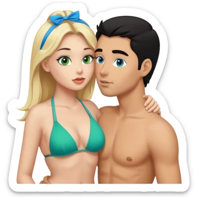 Blonde Queen with crownGreen eyes in Bikini kissing Male subject without crown black hair blue eyes sticker