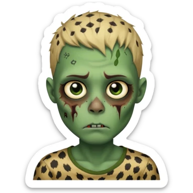 Zombie boy with green skin and sleepy eyes and scars on his face and a shirt that has cheetah texture sticker