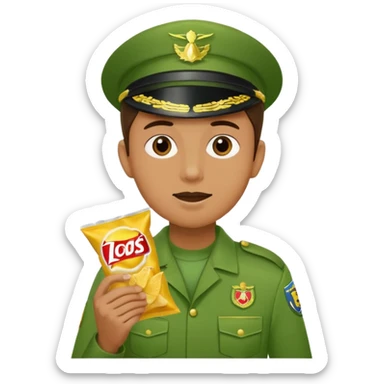 supermarket collegue wearing a green uniform and eating a packet of crisps no hat sticker