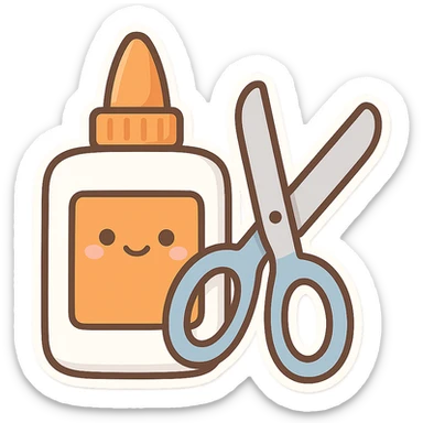 bottle of glue with orange label and tip and a pair of blue scissors, flat toon vector illustration, kawaii minimal sticker