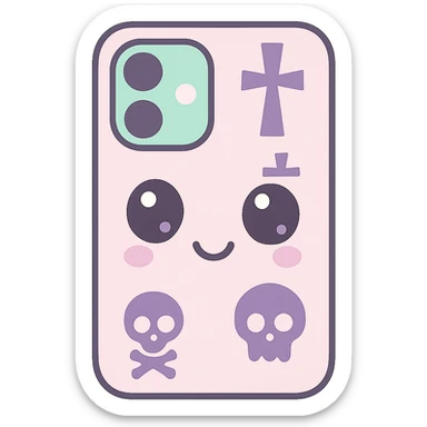 Remove any purse or purse-matching elements. Focus only on a white and black gothic kawaii phone case with big eyes, smiling, playful, cartoonish style, and gothic symbols. No purse references. No background. sticker