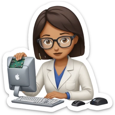 female computer technician fixing damaged computer sticker