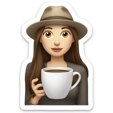 woman with long straight brown hair and pale skin and wearing a laptop hat and drinking coffee sticker