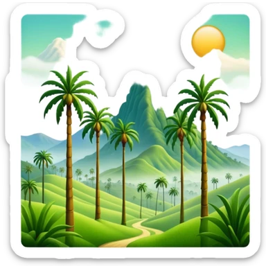 Cinematic Realistic Cocora Valley Landmark Emoji, featuring towering wax palm trees swaying in the misty green valley, with rolling hills and distant mountain peaks bathed in warm morning light. sticker