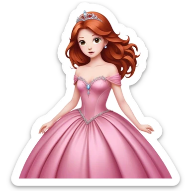 Cinematic Majestic Sleeping Beauty Portrait Emoji, rendered in a clean, vector-style with bold, simplified shapes. Show Aurora with a serene, noble expression, luminous porcelain skin, and elegantly flowing auburn hair, dressed in an opulent pink ball gown. The design radiates a majestic, enchanted glow with high shine and a soft glowing outline, embodying classic royal elegance. sticker