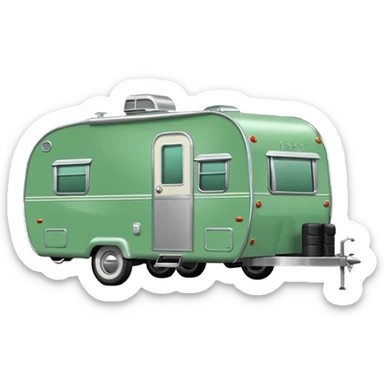 1950s travel trailer, colored all green, the same green shade as movie trailer green preview card, light grey tires and grey hitch sticker