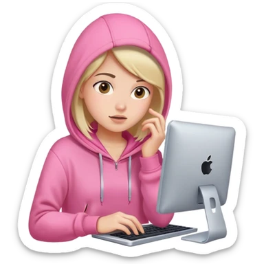 busy girl with computer in pink hoodie  sticker
