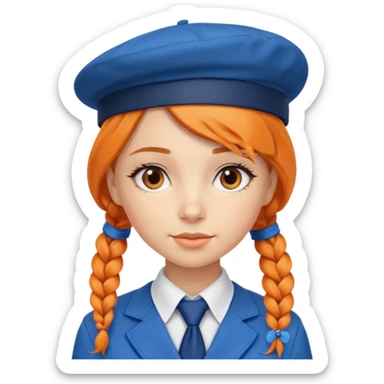 orange braided hair girl, wearing Blue Necktie and a berret Hat sticker