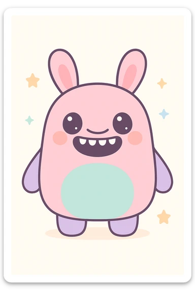 cute monster with nine teeth, wide smile, rabbit ears, kawaii style sticker