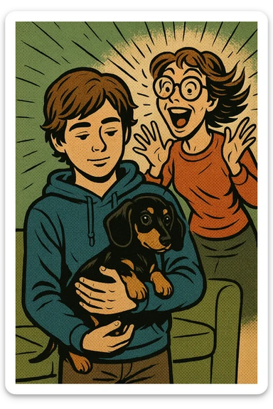 A modern day teenager with brown hair wearing a blue hoodie with a black and tan puppy dachshund in a green living room with a happy crazy mum with brown hair wearing big glasses in the background sticker