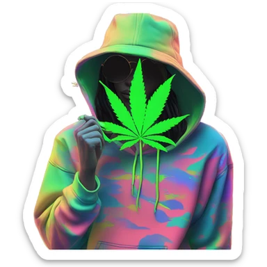 Hemp leaves Multicoloured neon person smoking wearing hoodie dancing hip hop bucket hat tropical Skater fashion aesthetic baggy clothes graphic t shirt 420 sticker