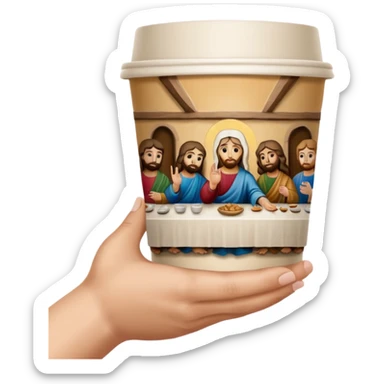 una mano con un bicchiere di carta con dipinto sopra l'ultima cena sticker