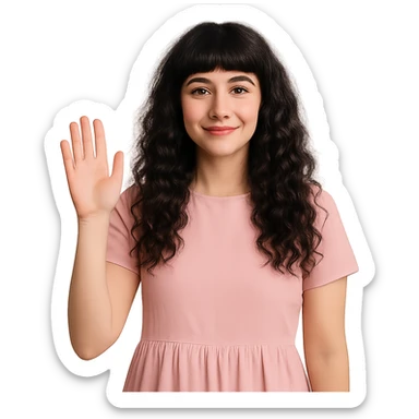 white woman, long black curly hair, bangs, dark brown eyes, pastel pink dress, waving sticker