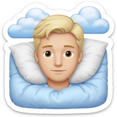 Sweet dreams a blonde man in a very comfy bed with blue and Pastel clouds elegant  sticker