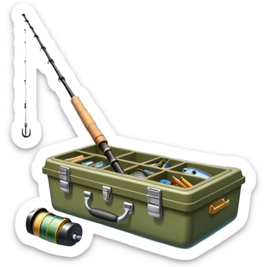 Icon for Fishing: a boat on the shore of a peaceful water body with a beautiful natural landscape, a fishing tackle box, a spinning rod. The icon should capture the tranquility and gear of a fishing adventure. Without frame. Transparent background. sticker